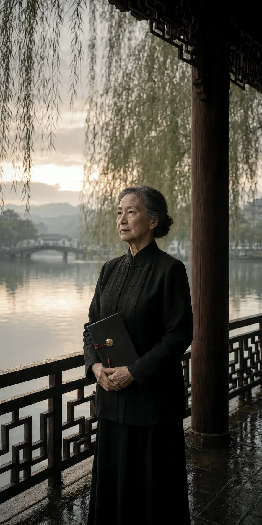 Keeper Lin holding an old book under golden light